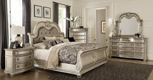 Cavalier Silver Finish Ornate Sleigh Bedroom Set – 1757SV-4PC