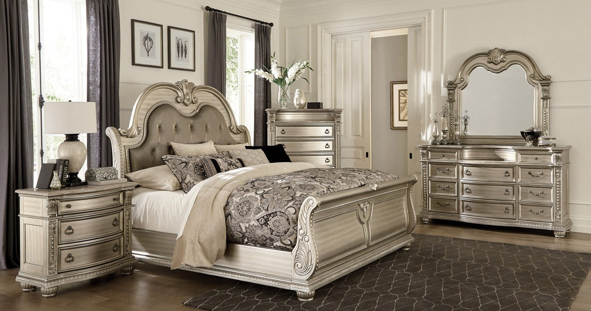 Cavalier Silver Finish Ornate Sleigh Bedroom Set – 1757SV-4PC