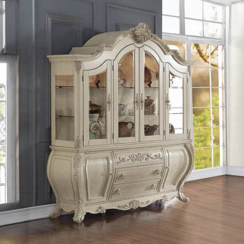 61284 Ragenardus Antique White Finish Wood Curio China Cabinet Hutch & Buffet