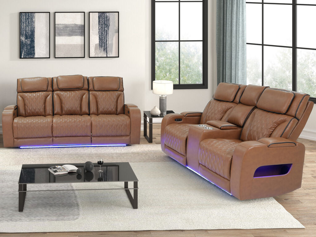 81639-SL Jazz Fortuner 2-Piece Light Brown Faux Leather Power Motion Sofa & Loveseat with Wireless Charging & LED
