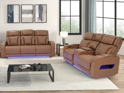 81639-SL Jazz Fortuner 2-Piece Light Brown Faux Leather Power Motion Sofa & Loveseat with Wireless Charging & LED