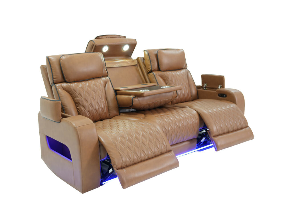 81639-SL Jazz Fortuner 2-Piece Light Brown Faux Leather Power Motion Sofa & Loveseat with Wireless Charging & LED