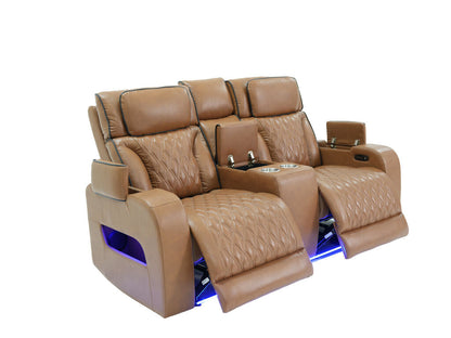 81639-SL Jazz Fortuner 2-Piece Light Brown Faux Leather Power Motion Sofa & Loveseat with Wireless Charging & LED