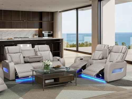 81641-SL Jazz Fortuner 2-Piece Ice Faux Leather Power Motion Sofa & Loveseat with Wireless Charging & LED