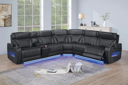 Poundex F86757 3 pc Black top grain leather match power motion recliners sectional sofa with console USB charging basket weave pattern