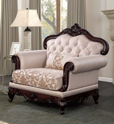Veracruz Light Brown Patterned Fabric Traditional Sofa and Love Seat Set with Dark Cherry Wood Trim – FM65002BR