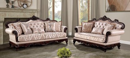 Veracruz Light Brown Patterned Fabric Traditional Sofa and Love Seat Set with Dark Cherry Wood Trim – FM65002BR