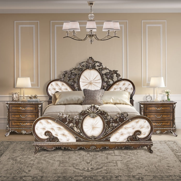 Floor Trader Jackson BD03062Q Astoria grand devany cherry wood burl finish wood ornately carved cream fabric headboard queen bed