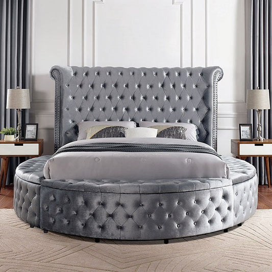 Sansom Grey Velvet Art Deco Round Queen Storage Bed with USB Ports – CM7178GY-Q