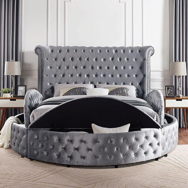 Sansom Grey Velvet Art Deco Round Queen Storage Bed with USB Ports – CM7178GY-Q