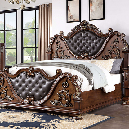 Astoria Grand Esperanza Brown Cherry Finish Wood Tufted Faux Leather Upholstered Queen Bedroom Set – CM7478CH-4PC
