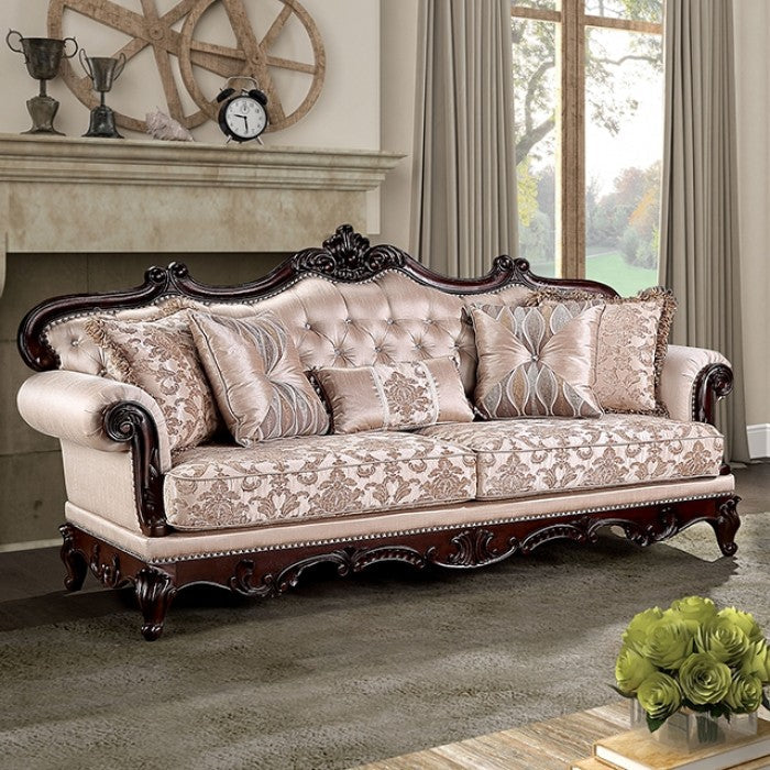 Veracruz Light Brown Patterned Fabric Traditional Sofa and Love Seat Set with Dark Cherry Wood Trim – FM65002BR