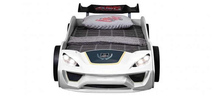 FOA7731WH Pacefinder white racing car style design twin size kids bed w/ LED lights