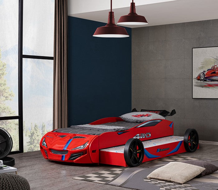 Tracklite Red Racing Car Style Twin Kids Bed with LED Lights & Pull-Out Trundle – FOA7735RD