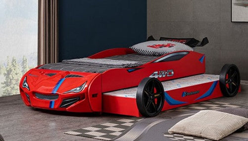 Tracklite Red Racing Car Style Twin Kids Bed with LED Lights & Pull-Out Trundle – FOA7735RD