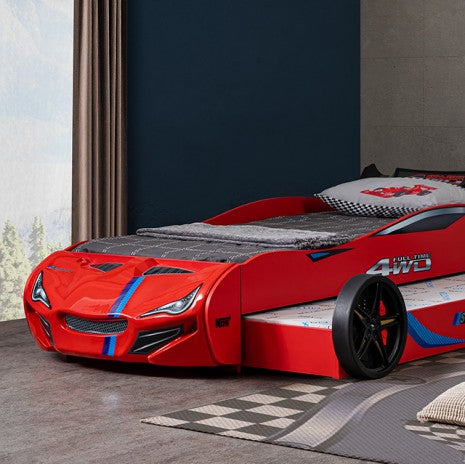 Tracklite Red Racing Car Style Twin Kids Bed with LED Lights & Pull-Out Trundle – FOA7735RD