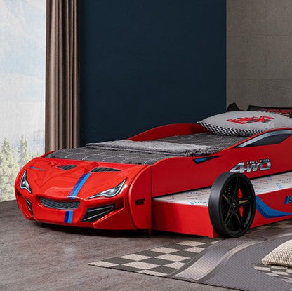 Tracklite Red Racing Car Style Twin Kids Bed with LED Lights & Pull-Out Trundle – FOA7735RD