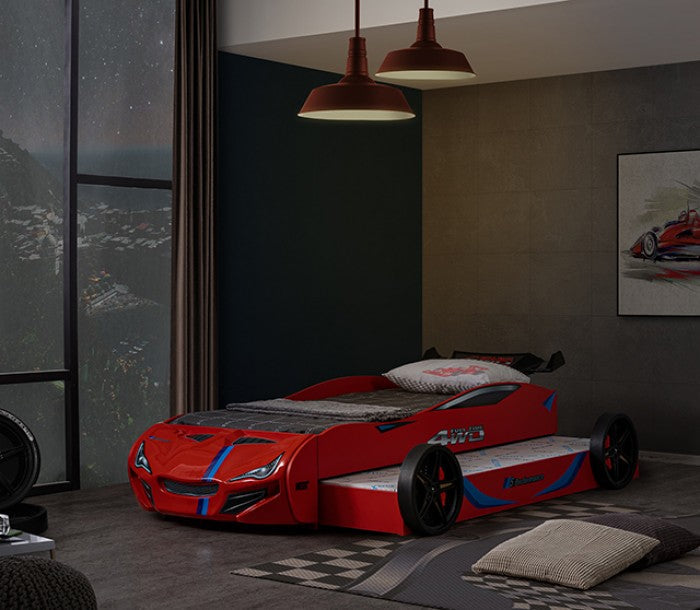 Tracklite Red Racing Car Style Twin Kids Bed with LED Lights & Pull-Out Trundle – FOA7735RD