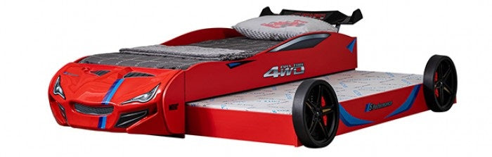 Tracklite Red Racing Car Style Twin Kids Bed with LED Lights & Pull-Out Trundle – FOA7735RD
