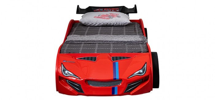 Tracklite Red Racing Car Style Twin Kids Bed with LED Lights & Pull-Out Trundle – FOA7735RD