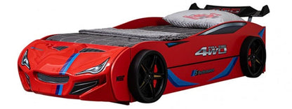 Tracklite Red Racing Car Style Twin Kids Bed with LED Lights & Pull-Out Trundle – FOA7735RD