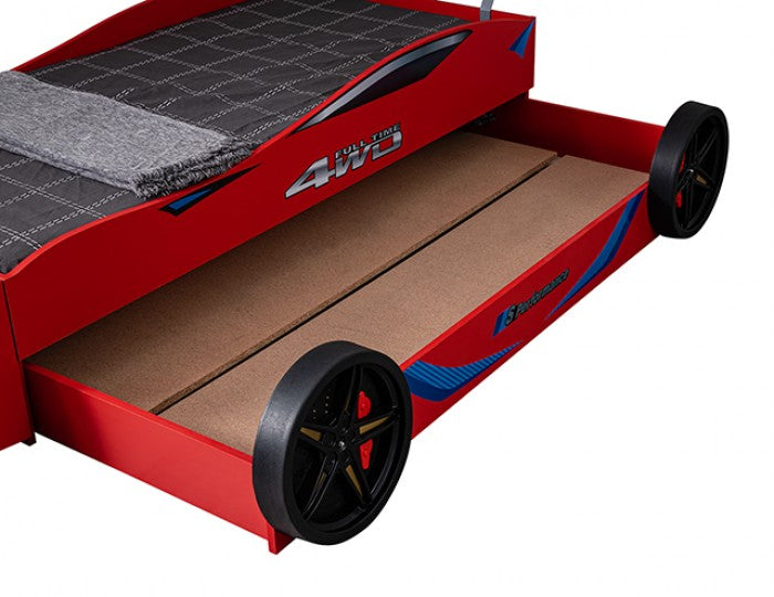 Tracklite Red Racing Car Style Twin Kids Bed with LED Lights & Pull-Out Trundle – FOA7735RD